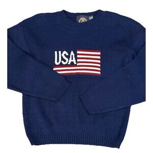 Vtg New Era Pullover Knit Sweater Youth Sz 14-16 Navy American Flag Made in USA